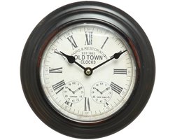 Nostalgische Wandklok van metaal 20cm - Zwarte wandklok met dubbele tijdsaanduiding – Industrieel retro design – Old Town Clocks – Romeinse cijfers – Wereldtijden Londen & New York – quartz uurwerk – Wanddecoratie klassiek