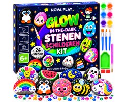 Nova Play Stenen Schilderen Set - Extra Uitgebreide 69-delige Knutselset - 24 Stenen - Glow in the Dark - Voor Kinderen - Incl. Creatief E-Book - Happy Stones - Knutselen - Knutselpakket
