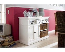 Nova Solo - Dressoir - mahoniehout - wit - 125x50x85h-4 laden met glasvenster-2 manden-2 deurtjes met legplank