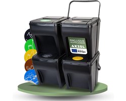 Novaliv Afvalscheidingssysteem Set - 4 x 25L Afvalbakken - Bakken met 4 Vakken - Stapelbare Afvalscheidingssystemen - Recyclingbakken - Afvalscheidingssysteem - Afvalorganizer - Afvalsorteerder