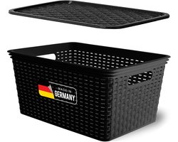 Novaliv opbergbox met deksel, grote mand 14L, zwart in rotan design, voedselveilige opbergmand, stapelbare box, nestbare kunststof, BPA-vrije box, stofbox met deksel