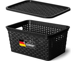 Novaliv opbergbox met deksel, kleine mand van 5 liter, zwart in rotandesign, voedselveilige opbergmand, stapelbare box, nestbare kunststof, BPA-vrije box, stofbox met deksel