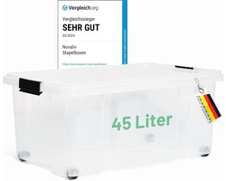 Novaliv opbergdoos met deksel, groot 45L, transparant, nestbaar, stapelbaar kunststof doos met clipsluiting, Eurobox met deksel, BPA-vrij, 61x40x26 cm