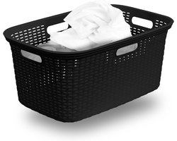 Novaliv Rotan Wasmand met 4 Handgrepen 40L Zwart, Wasboxset Wasemmer Wascontainer voor Badkamer Wasgoed Vuile Was, Wasmanden Organizer Huishoudelijke Accessoires Wasmandverzamelaar