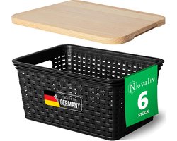 Novaliv set van 6 opbergdozen met houten deksels, kleine mand van 5 liter, zwart in rotandesign, voedselveilige opbergmand, stapelbare dozen, nestbaar, kunststof, BPA-vrije doos, stofbakken met deksel