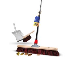 Novaliv straatbezem met steel 60 cm Arenga-Elaston borstelharen inclusief verzinkte veegset bestaande uit stoffer en blik en handborstel Ideaal als tuinbezem, terrasbezem, tuinbezem, buitenbezem