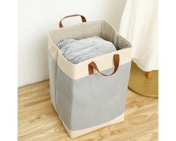 NOVARTA, Opvouwbare wasmand van jute stof met lederen handvat, opbergmand, Laundry basket - Wasbox