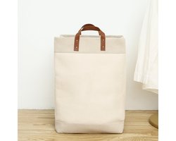 NOVARTA, Opvouwbare wasmand van jute stof met lederen handvat, opbergmand, Laundry basket - Wasbox