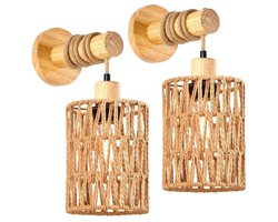 Novendo Goods – 2-Stuks henneptouw wandlamp set - Cilindrische rotan wandlampen voor slaapkamer & boerderijstijl - Handgevlochten landelijke bedhead verlichting
