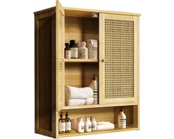 Novendo Goods – Bamboe wandkast voor badkamer & toilet – Massief hout opberger met rotan deuren – Natuurlijke hangkast met 3 planken
