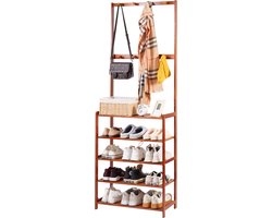 Novendo Goods – Luxe houten kapstok - 5-Laags halrek met 8 haken - Bamboe schoenenrek & kledingstandaard voor entree, gang & appartement