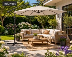 Noviq Zweefparasol Beige Ø300 cm met Beschermhoes – UV50+ – Stalen Frame – Inclusief Kruisvoet