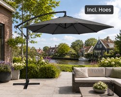 Noviq Zweefparasol Grijs Ø300 cm met Beschermhoes – UV50+ – Stalen Frame – ook Inclusief Kruisvoet