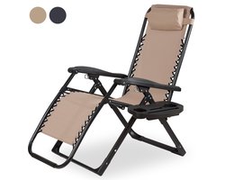 Novitaa Opvouwbare Ligstoel - Verstelbaar - 30°-90° - Beker en Telefoonhouder - Tuinstoel - Metaal - Beige