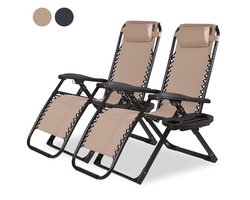 Novitaa Opvouwbare Ligstoelen Duoset - Verstelbaar - 30°-90° - Beker en Telefoonhouder - Tuinstoel - Metaal - Beige