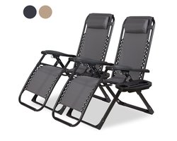 Novitaa Opvouwbare Ligstoelen Duoset - Verstelbaar - 30°-90° - Beker en Telefoonhouder - Tuinstoel - Metaal - Grijs