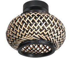 Nox Light 4501ZW plafondlamp – Trendy zwart metaal en bamboe kap, diameter 23 cm, hoogte 14 cm – Steinhauer Plafonnieres