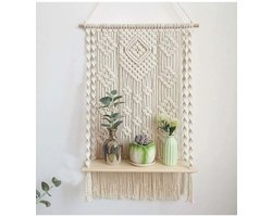 Nuna Boho - Macramé Wandplank - Boho Wanddecoratie - Handgemaakt Katoen & Hout - Wandrek Zwevend - 50 x 50 cm - Ecru