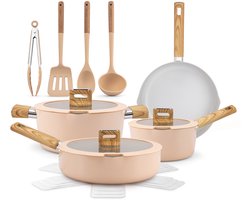 NutriChef 14-delige pannenset Inductie - Keramische kookpannen - glazen deksels - vaatwasmachinebestendig - Roze