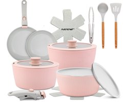 NutriChef 18-delige Pannenset Inductie - Anti-aanbak Pannen en Potten Keramische Kookgerei Set met Afneembare Handgrepen - PTFE- Oven- en Fornuisbestendig - Inclusief Keukengerei, Roze