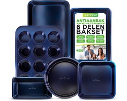 NutriChef 6-delige Bakvormenset – Antiaanbak Carbonstalen Bakplaten met Koekjesplaat, Muffinvorm, Cakeblik, Ronde & Vierkante Vorm – Oven- & Vaatwasserbestendig