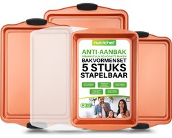NutriChef, bakplaat oven , 5-delige Bakvorm Set - Stapelbare Bakplaten & Braadslee met Deksel - Handige Maten voor Koken & Bakken- Inclusief Ingebouwde Siliconen Handgrepen - Koper