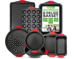 NutriChef Bakvormen Set - 8-delige Anti-aanbak Bakvormen van Koolstofstaal - Commercieel Restaurantkwaliteit - Bakgerei met Rode Siliconen Handgrepen