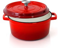 NutriChef Dutch Oven - Geëmailleerde Gietijzeren Ronde Dutch Oven - Porselein Geëmailleerde Gietijzeren Bakpotten met Zelf-Bastende Deksel-Rood-Middelgroot