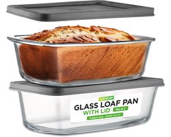 NutriChef Glazen Broodvormen – 2-delige set stapelbare bakvormen met luchtdichte deksels – Oven-, magnetron- en vaatwasserbestendig