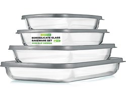 NutriChef Glazen Ovenschalen – 4-delige set stapelbare rechthoekige bakschalen met deksels – Oven-, vriezer- en vaatwasserbestendig met BPA-vrije deksels (blauw)