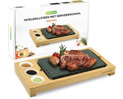 NutriChef grillsteen - Heetsteen Steak Set - Bamboe Plank, RVS Bak & Keramische Sauskommen - Binnen & Buiten Koken en Feestjes