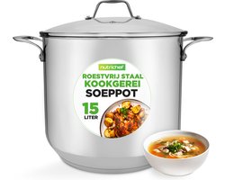 NutriChef Kookpot - 15 Liter Roestvrij Staal Inductie Kookpan - Grote Stoofpot - Soeppot met Doorzichtig Deksel - Vaatwasmachinebestendig