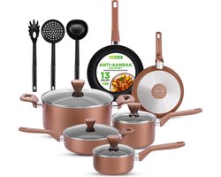 NutriChef Pannenset- 13-delige Antiaanbak Kookpannenset-Hittebestendige Keukenset met Steelpan- Koekenpannen- Kookpotten- Casserole- Deksels en Keukengerei- Bruin