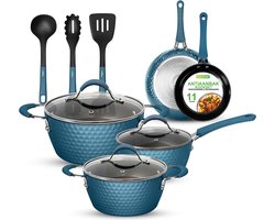 NutriChef Pannenset inductie, 11-delige Kookpannenset-Antiaanbak Kookgerei met Keramische Coating- Ergonomische Handgrepen- Inclusief Steelpan-Braadpan-Grote & Kleine Koekenpannen-Blauw