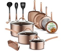 NutriChef Pannenset inductie- 14 Delige Pannenset Pfas-Vrij Hittebestendig - Met Steelpan, Koekenpannen, Kookpotten en Braadpan - Goud