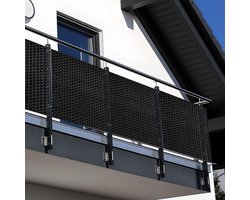 NYVI Polyrattan Balkon Privacy Scherm Privafence 100x500 cm Zwart - Balkonbekleding met metalen ogen - UV-bestendig, Weerbestendig, 100% Ondoorzichtig - Balkonomheining 1x5 m