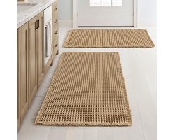 NZBZ Badmatset 2-delig - boho wafelstructuur met dubbele absorptielaag - rubberen antisliprug met HMA-backing - machinewasbaar voor badkamer en douche, 46 x 77 cm bruin