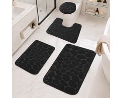 NZBZ Badmatset 4-delig - zacht traagschuim met fluwelen oppervlak - absorberend en sneldrogend met antislip PVC-onderzijde - machinewasbaar voor badkamer, douche en toilet, zwart