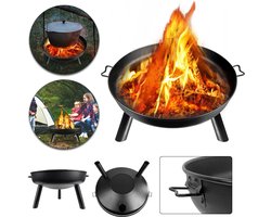 Ø80cm vuurkorf met handvat metalen vuurschalen, kampvuurschaal met 3 afneembare poten, stalen vuurplaats voor BBQ buiten terras tuin balkon camping