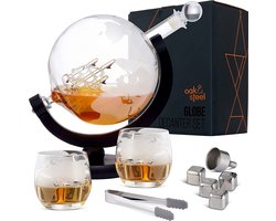 Oak & Steel – Globe Whisky Karaf, Whiskey Decanter (XL 1500ml) met 2 Whisky Glazen, 4 Roestvrijstalen Whiskystenen, 1 Ijstang & Meer - Verjaardags- en Valentijnscadeau voor Mannen