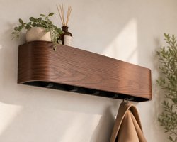 Oak & Vale Wandkapstok met plank – Kapstok muur met haken – Bruin eiken design – Metaal – Ruimtebesparend voor hal en gang – 52 cm