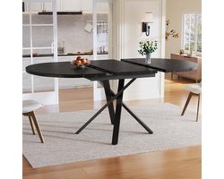obili Bella Elegante Ronde Uitschuifbare Eettafel - 100 tot 140 cm - Wit Marmerlook Blad met Zwart Metalen X-Poot - Industrieel Design Keukentafel voor 2 tot 6 Personen