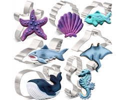 Oceaan Uitsteekvormen set - Walvis, Zeester, Zeepaardje, Haai, Rog, Vis & Schelp - RVS metaal Cookie Cutters - Zeedieren - Groot formaat 7 tot 12CM