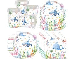 Ocean Party Tafelservies Set - Shark Servies Set voor Kinderen - Verjaardags Papieren Borden - Mokken - Servetten voor 16 Gasten - Verjaardagsdecoratie Jongens - Doop - Verjaardagsfeest