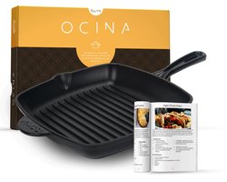 Ocina Gietijzeren Grillpan 28 cm – Grillpannen - Vleespan BBQ - Pan Inductie – Skillet - Emaille - Zwart