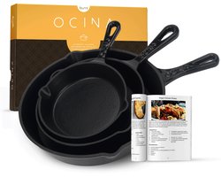 Ocina Gietijzeren Pannen Set voor BBQ en Inductie – 16cm – 19.5cm - 25cm – Koekenpan – Hapjespan - Skillet - Emaille - Zwart