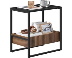 O'DADDY® Bijzettafel - Vierkant Tafeltje - Met Verstelbare Lade - Bijzet Tafel - Koffietafel - Nachtkastje - 55x35x55 cm - Zwart Metaal/Bruin Hout