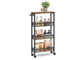 O'DADDY® Keukentrolley - Smalle Rolwagen - Keukeneiland - Serveerwagen - Keukentrolley Op Wieltjes - Keuken Trolley - Industrieel Design - Bruin Hout - Zwart Metaal