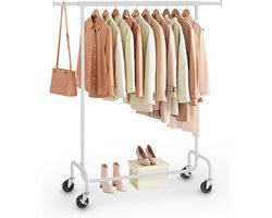 O'DADDY® Kledingrek - Kledingrek op Wieltjes - Kledingrek metaal - Kleding rek - Kledingrekken - Garderoberek - Kledingstang - Kledingrek wit - Uitschuifbare Kledingstang - Verstelbare Hangstang - Stabiel tot 130 kg - Wit