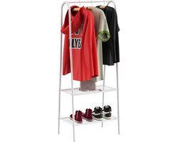 O'DADDY® Kledingrek Staand - Garderoberek met Kledingstang - Dubbele Roosterplank - Rek met Plank - 152cm - Rekje Metaal - Wit